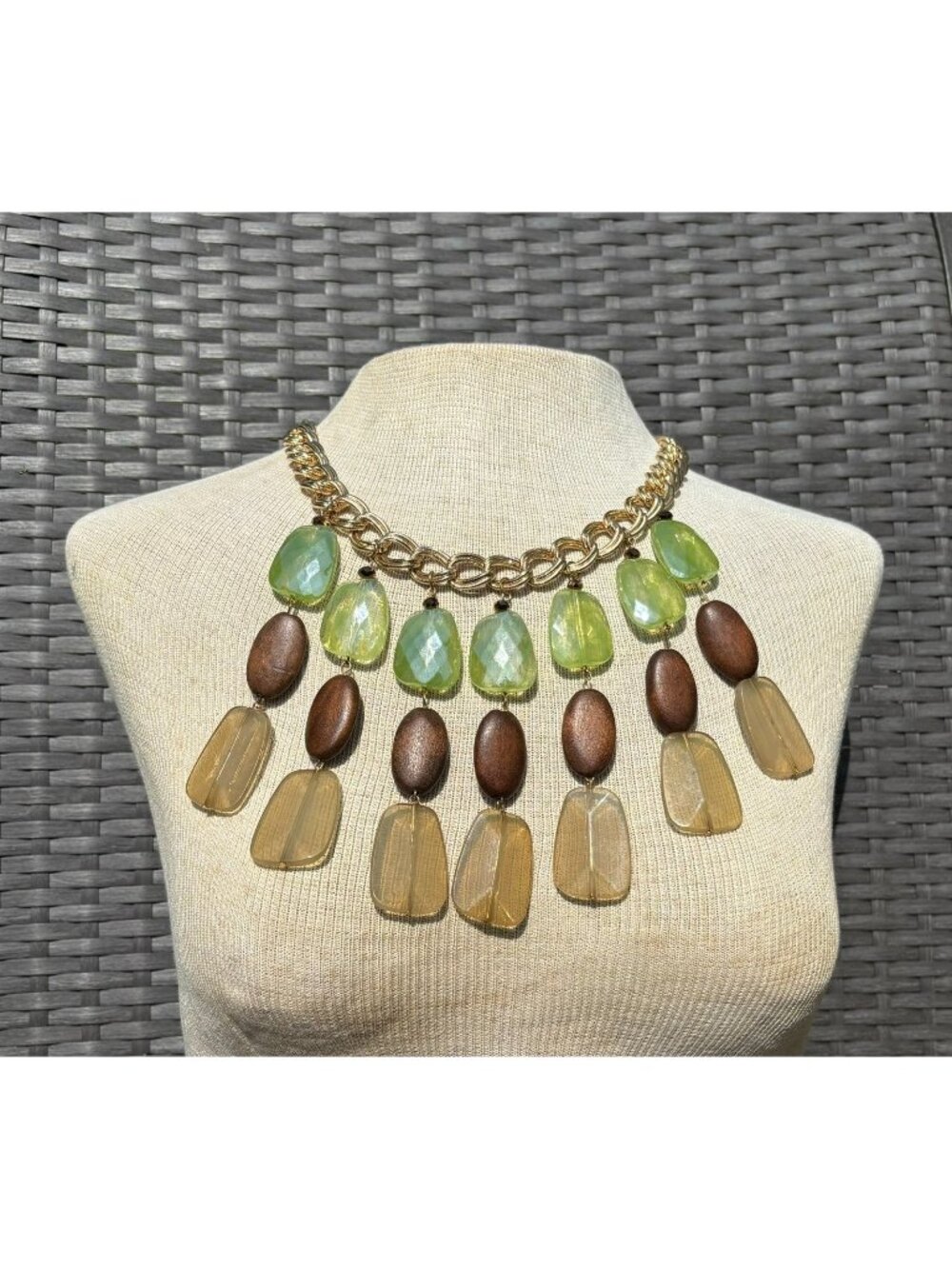 Vintage Artisan Mixed Media Earth Toned Lucite Wood Crystal Necklace